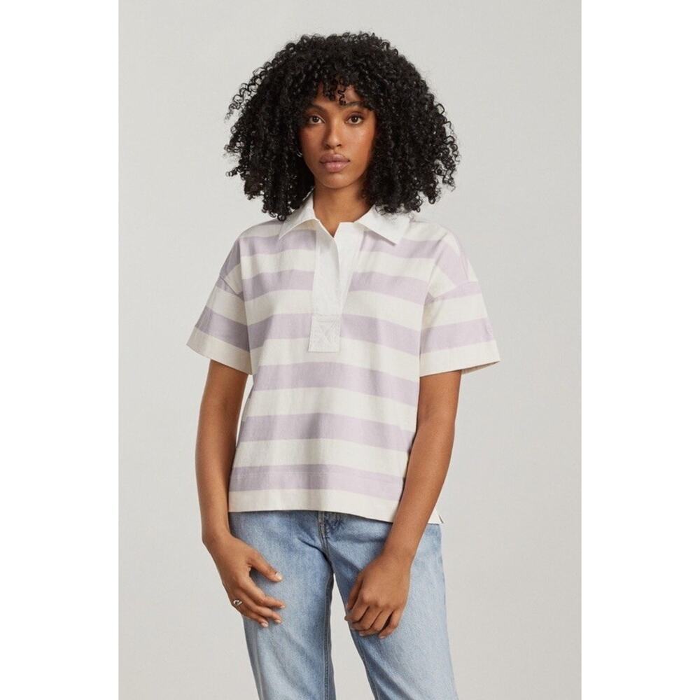 Everlane Organic Cotton Rugby Stripe Polo Shirt XS Cream Pink Short Sleeve